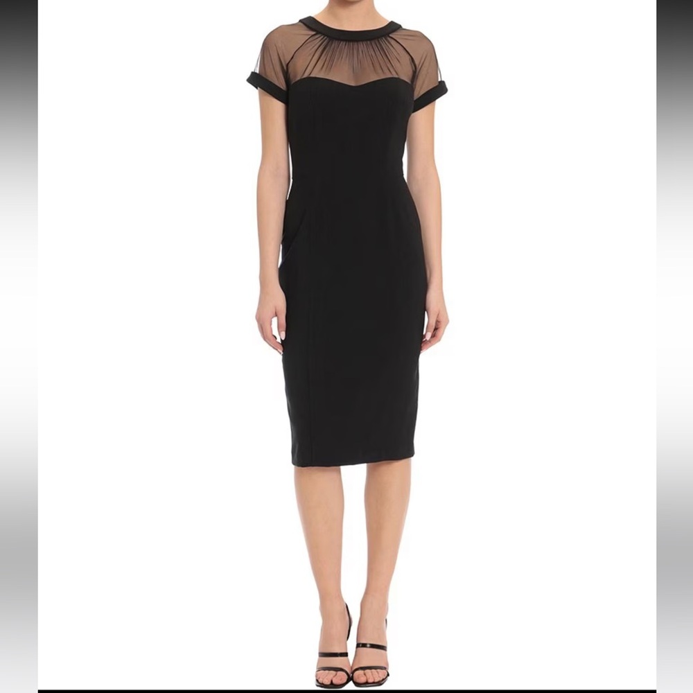 Maggy London Black Midi Knee Dress Sheer Yolk Detail EUC 2